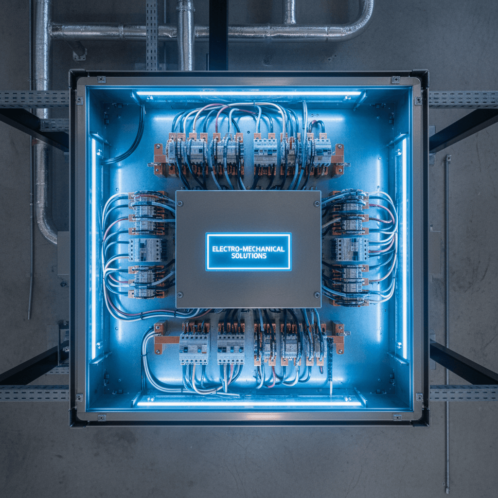 Overhead view of a lit circuit breaker panel with blue lights in an industrial setting