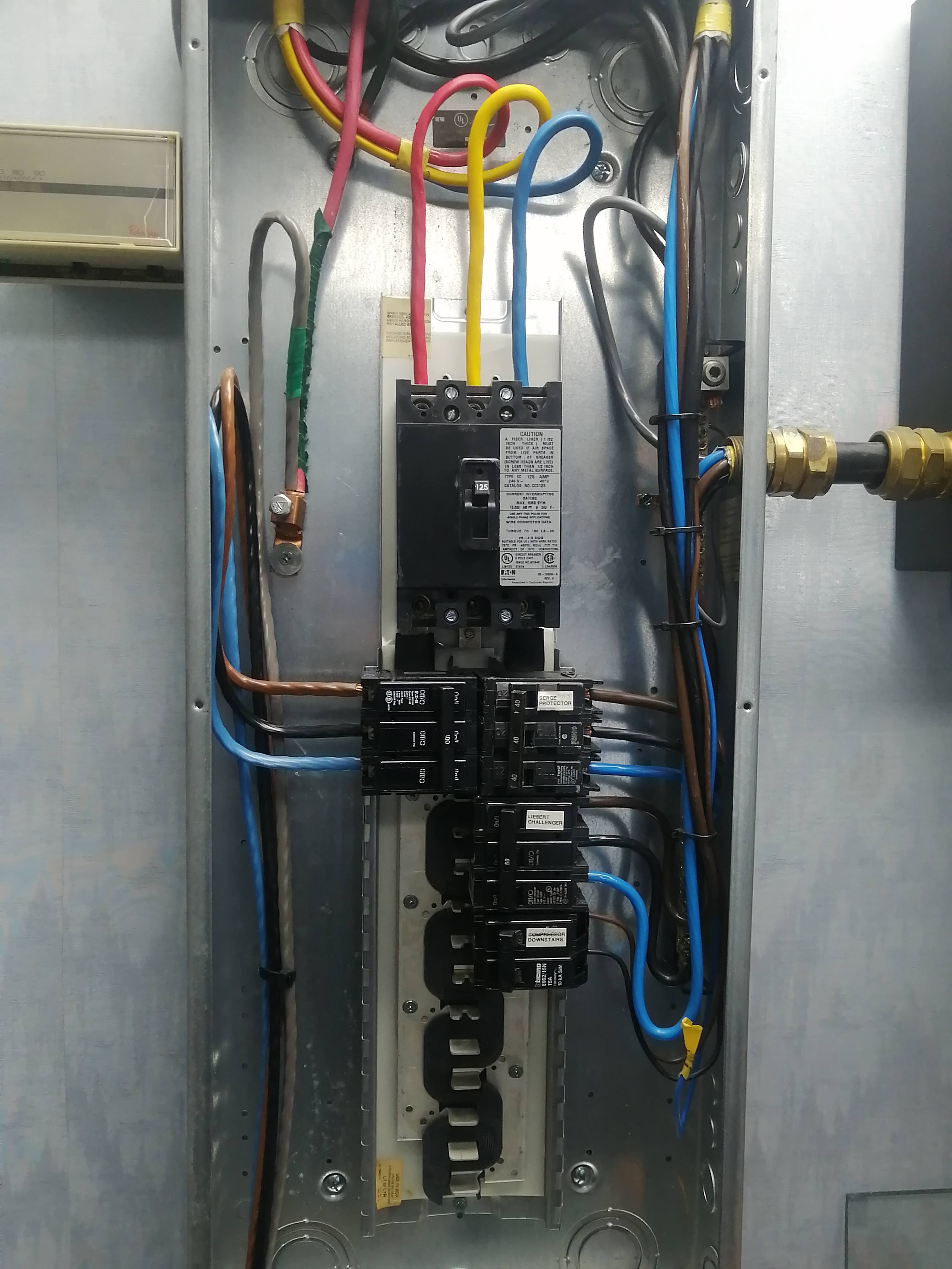 Open electrical panel with colorful wiring, a main breaker, and several labeled circuit breakers.